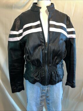 Black Leather Women's Motorcycle Jacket with light pink Stripes